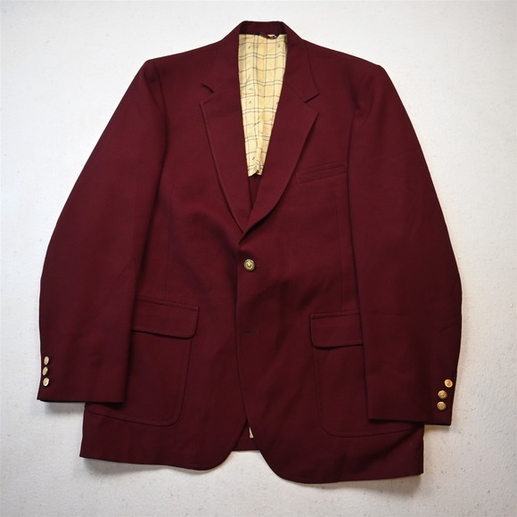 Vtg USA Made 46L Dark Red Gold Button Mens Blazer Suit Jacket Sport Coat
